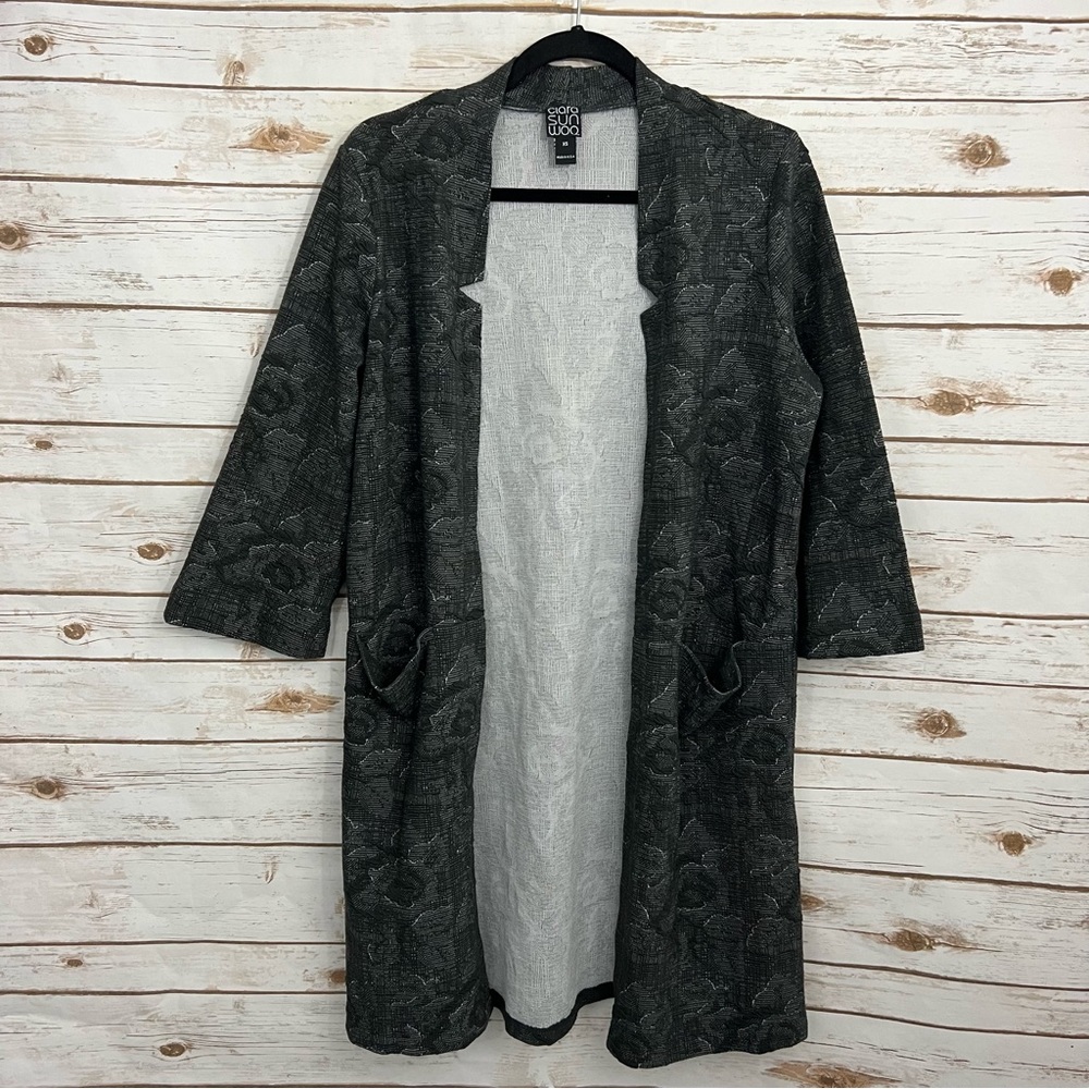 Clara Sun Woo Gray Floral Notch 3/4 Sleeve Lightweight Knit Jacket